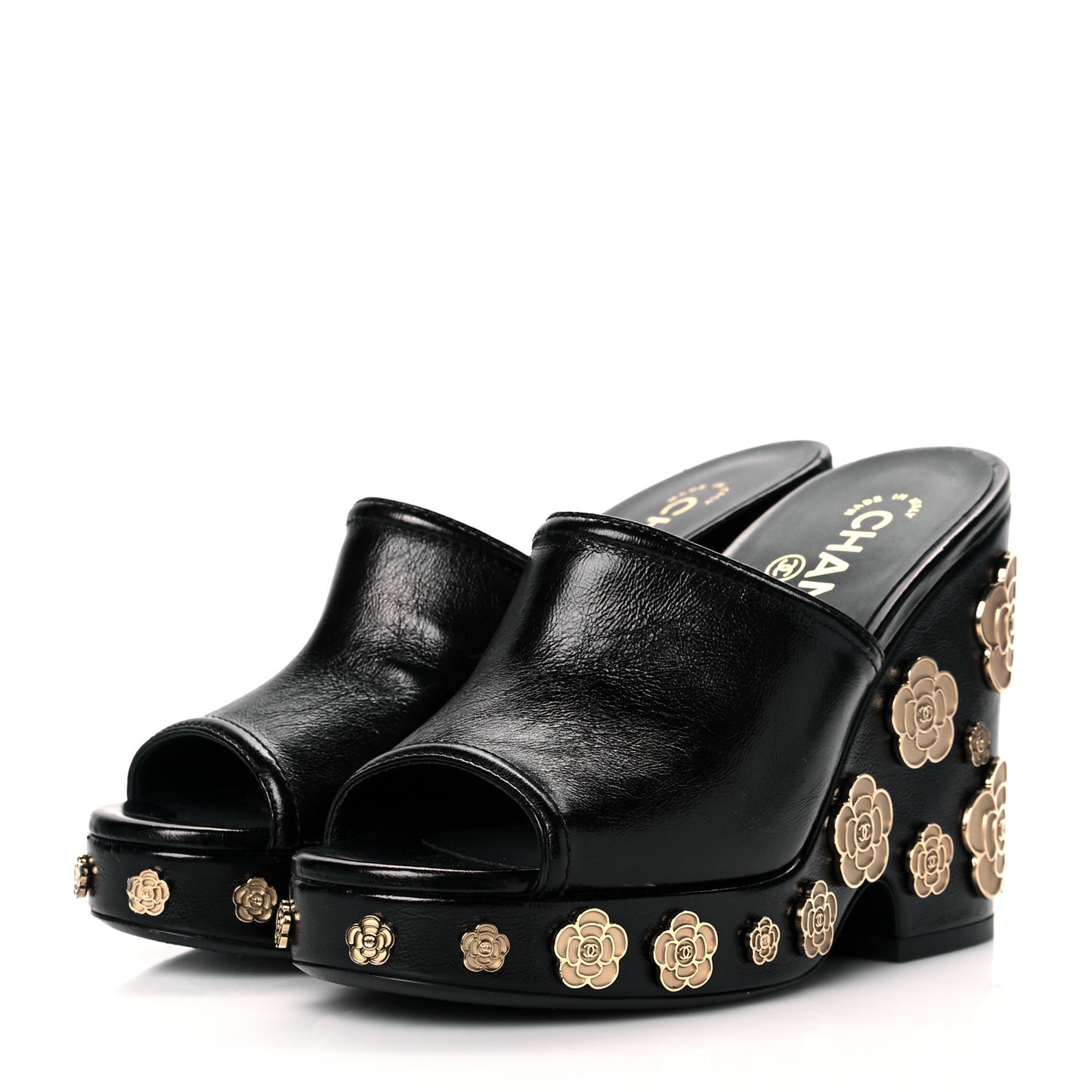 Crumpled Calfskin Camellia Wedge Mules 36 Black