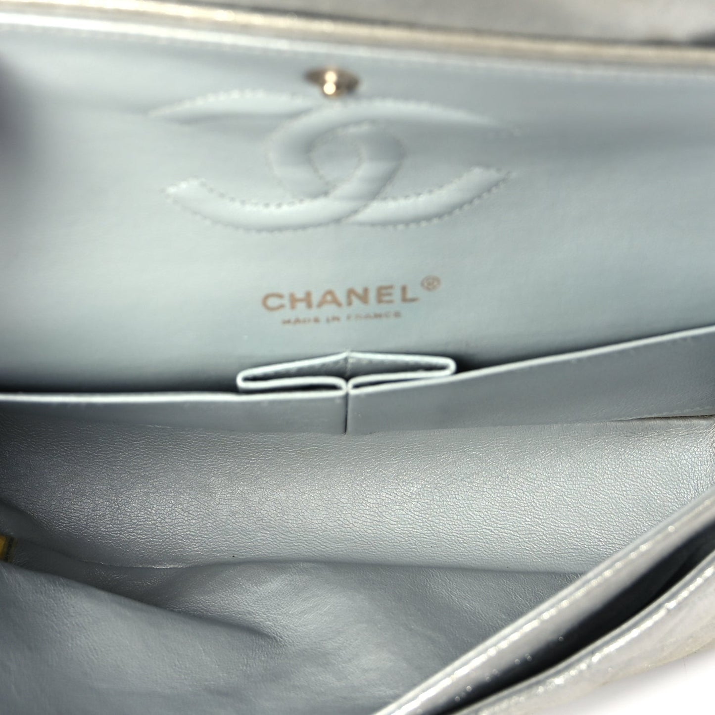 Iridescent Calfskin Quilted Medium Double Flap  Silver