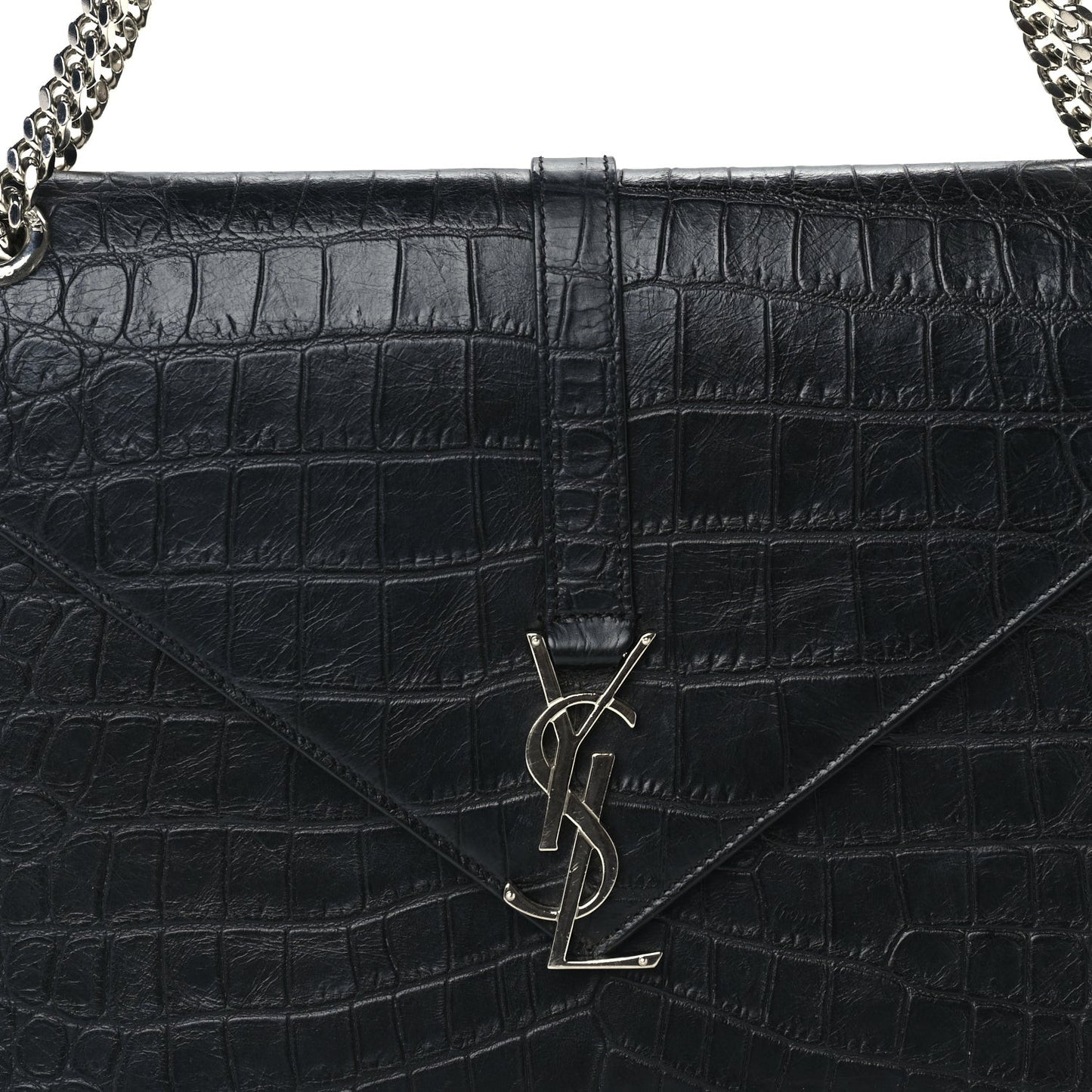 Calfskin Crocodile Embossed Monogram Large Satchel  Black