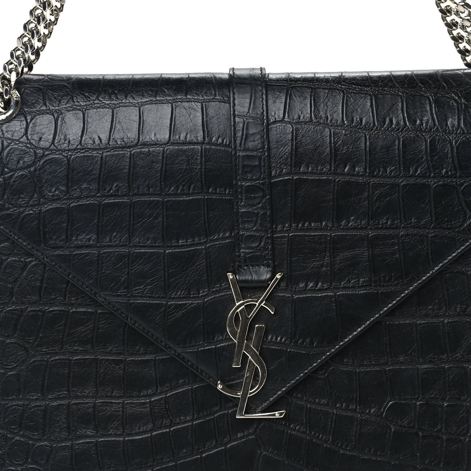 Saint Laurent Calfskin Crocodile Embossed Monogram Large Satchel  Black 6 of 8