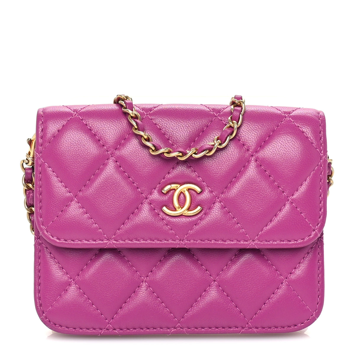 Lambskin Quilted CC Pearl Crush Card Holder With Chain Purple