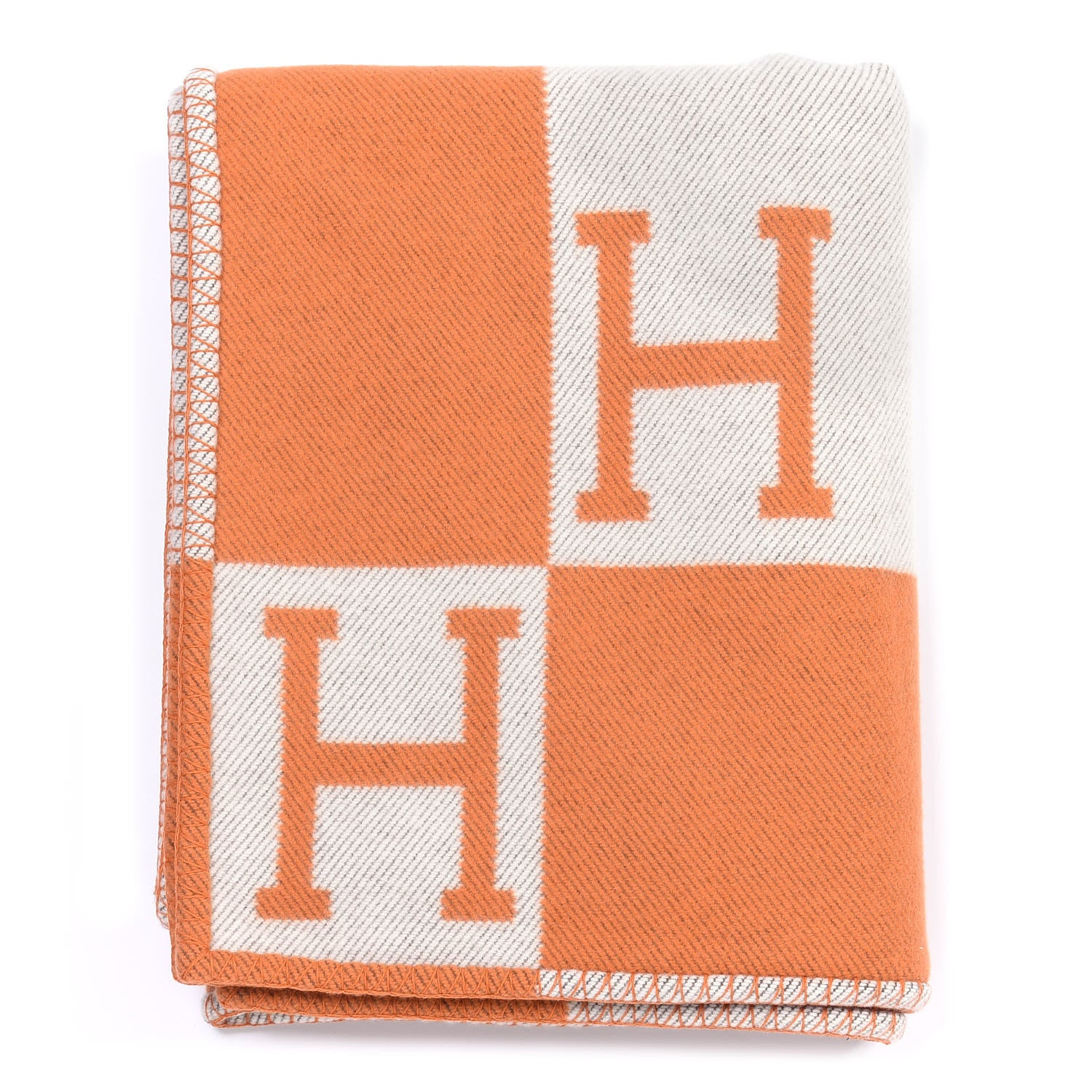 Hermes Wool Cashmere Signature Classic Avalon Blanket Ecru Potiron 1 of 3