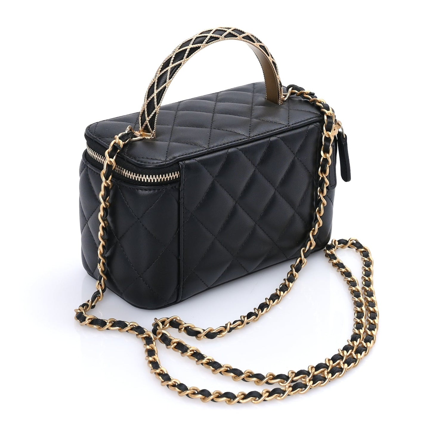Lambskin Quilted Metal Twist Small Top Handle Vanity Case With Chain  Black