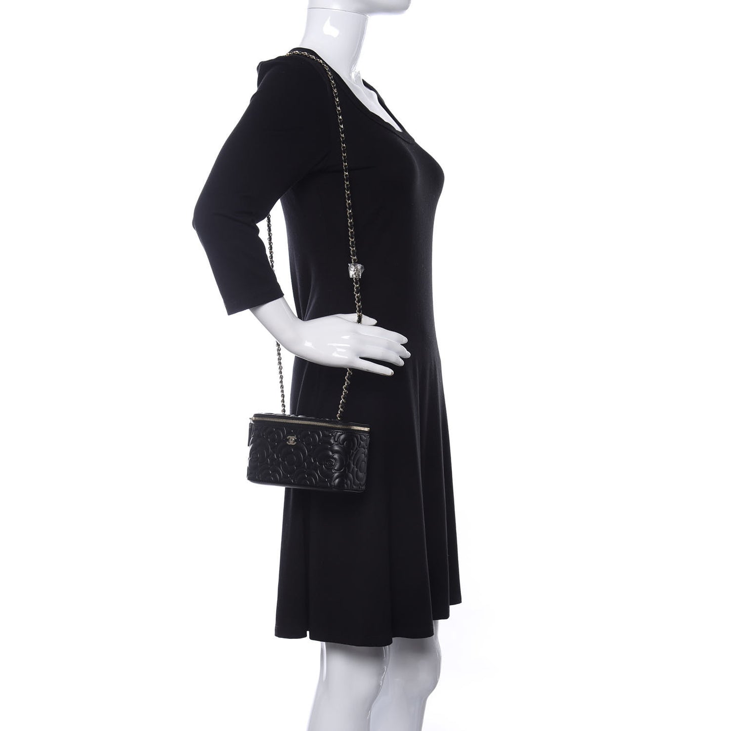 Lambskin Camellia Embossed Small Vanity Case With Chain Black