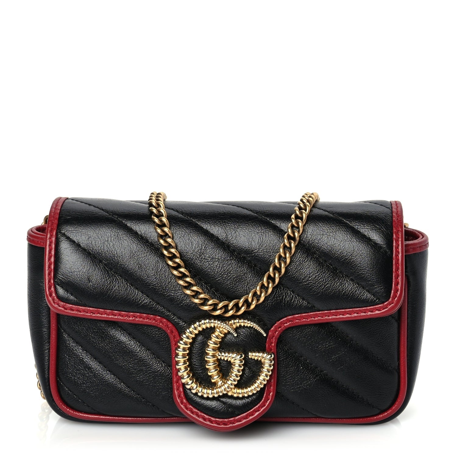 Gucci Vintage Effect Calfskin Matelasse Diagonal Super Mini Torchon GG Marmont Shoulder Bag Black Romantic Cherry 1 of 8