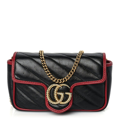 Gucci Vintage Effect Calfskin Matelasse Diagonal Super Mini Torchon GG Marmont Shoulder Bag Black Romantic Cherry 1 of 8