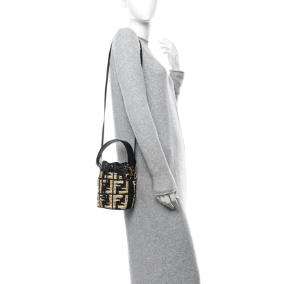 Fendi Raffia Vitello Seta F is FF Woven Mini Mon Tresor Bucket Bag Black Natural 2 of 7