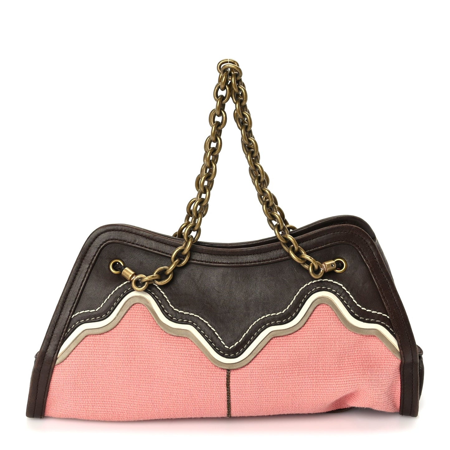 Canvas Calfskin Trimmed Shoulder Bag  Pink Brown