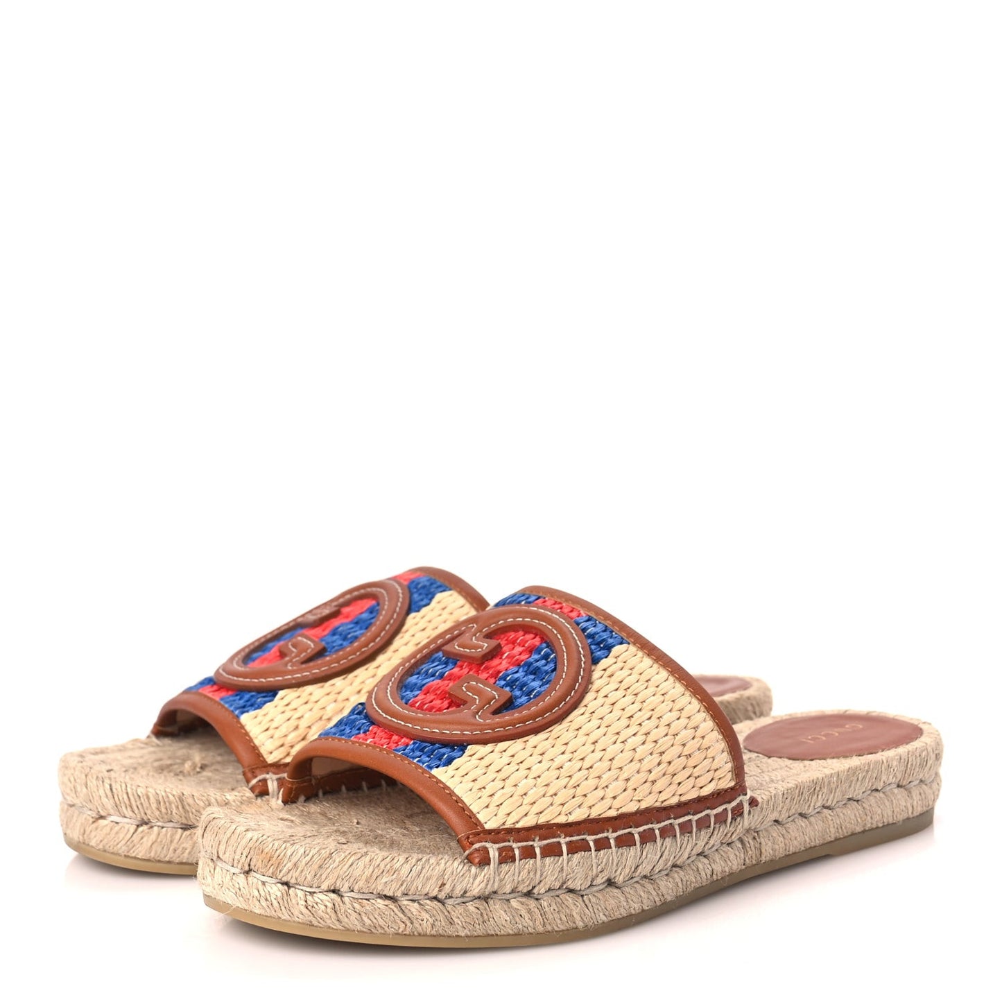 Raffia Interlocking G Flat Slide Espadrille Sandals 38.5 Harness Brown