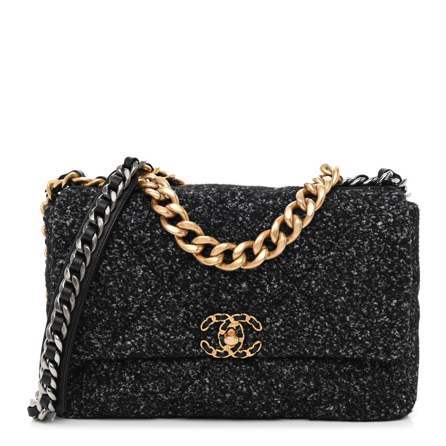 Chanel Tweed Quilted Large Chanel 19 Flap Black Grey 1 of 11
