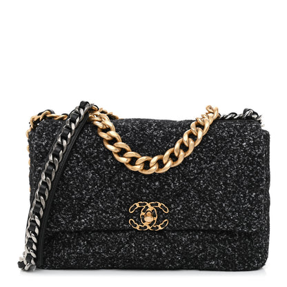 Chanel Tweed Quilted Large Chanel 19 Flap Black Grey 1 of 11