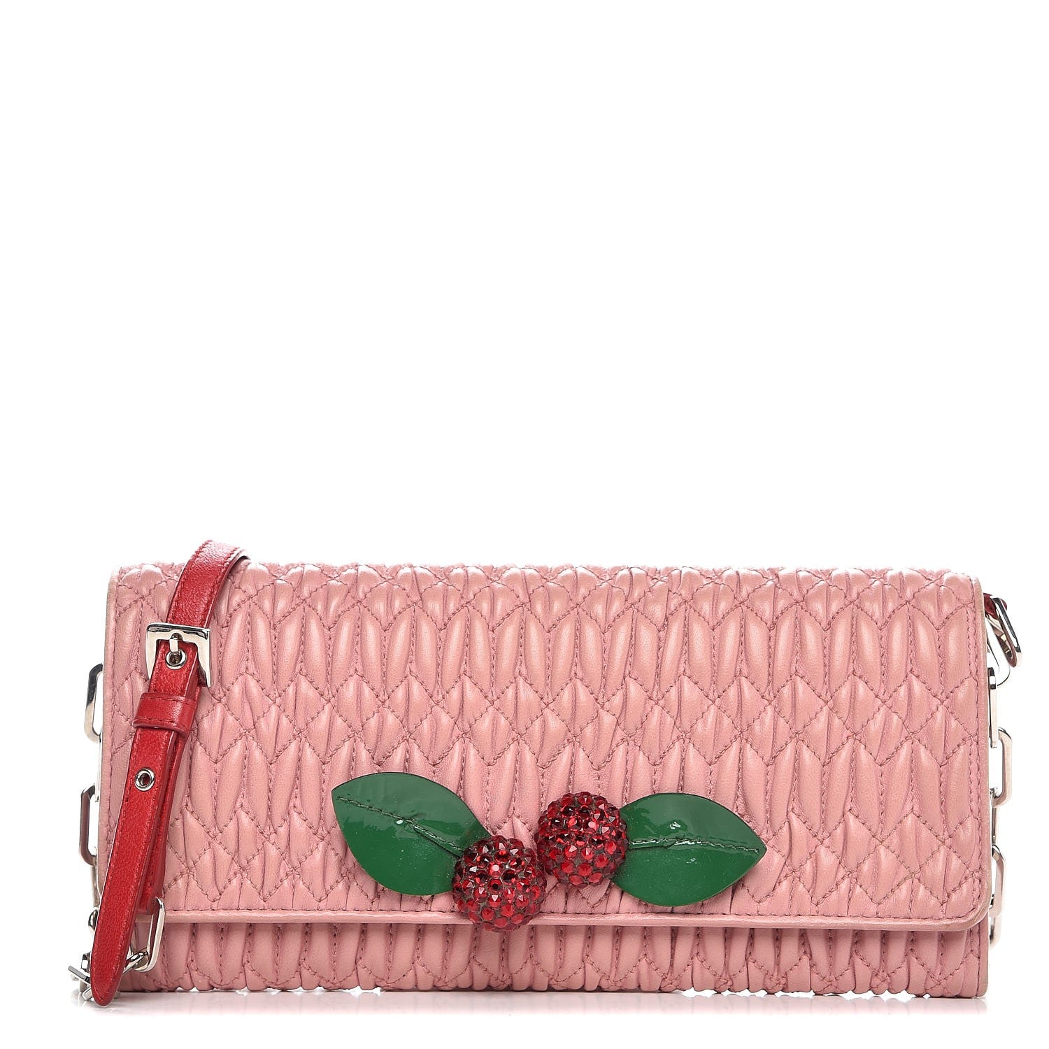 Miu Miu Nappa Matelasse Crystal Cherry Wallet On Chain Rosa 1 of 8