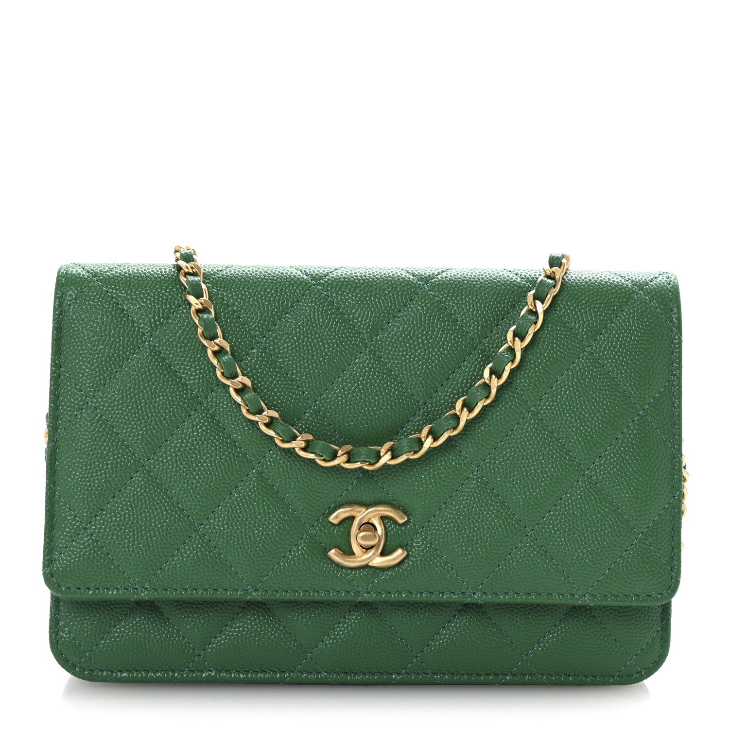 Chanel Caviar Quilted Coco Stamps Wallet On Chain WOC Green 1 of 12