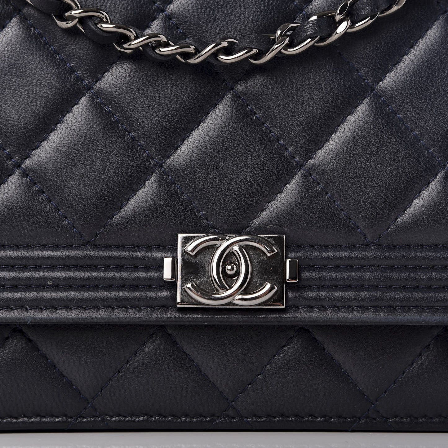 Lambskin Quilted Boy Wallet On Chain WOC Navy Blue