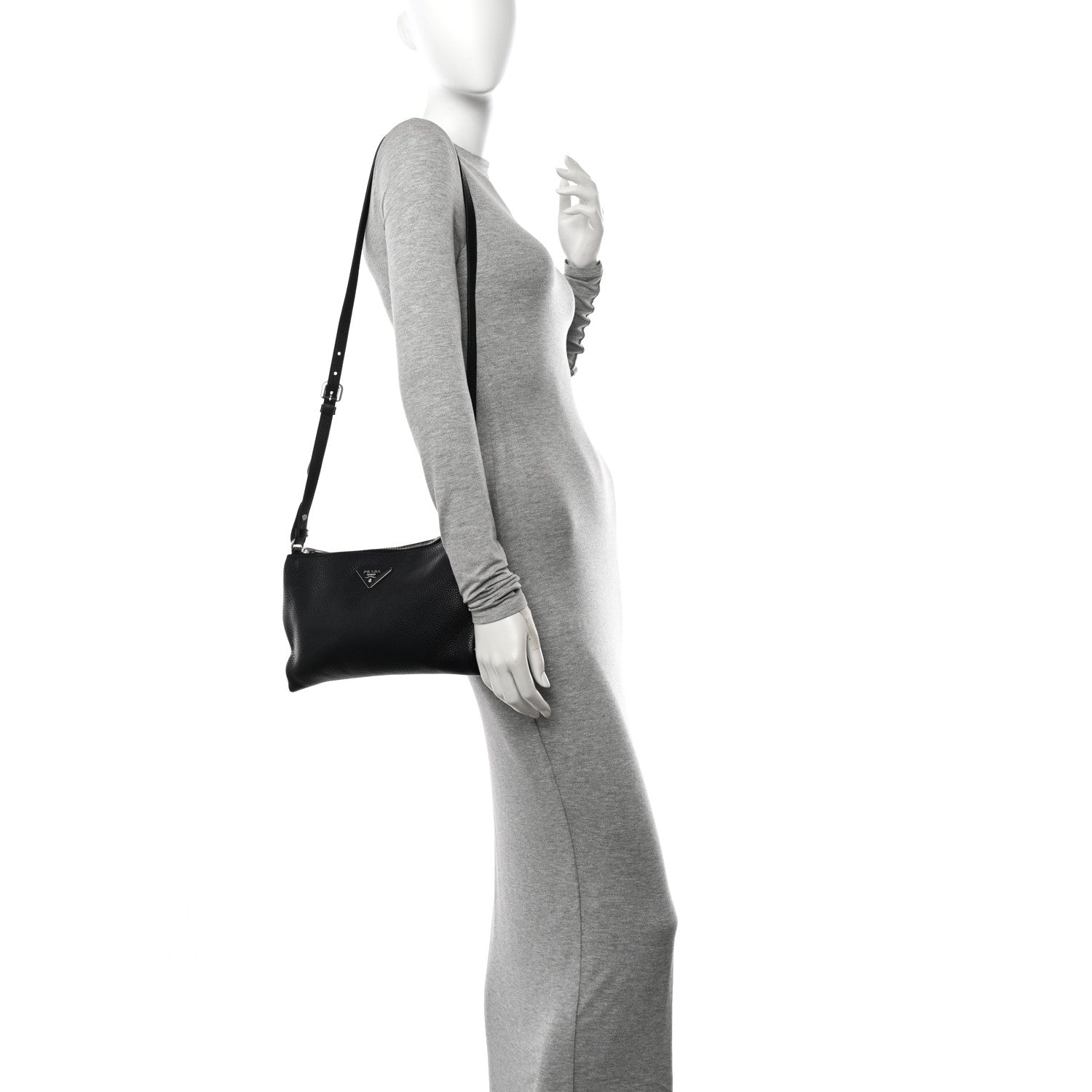 Prada Vitello Daino Soft Zippered Shoulder Bag Black 2 of 11