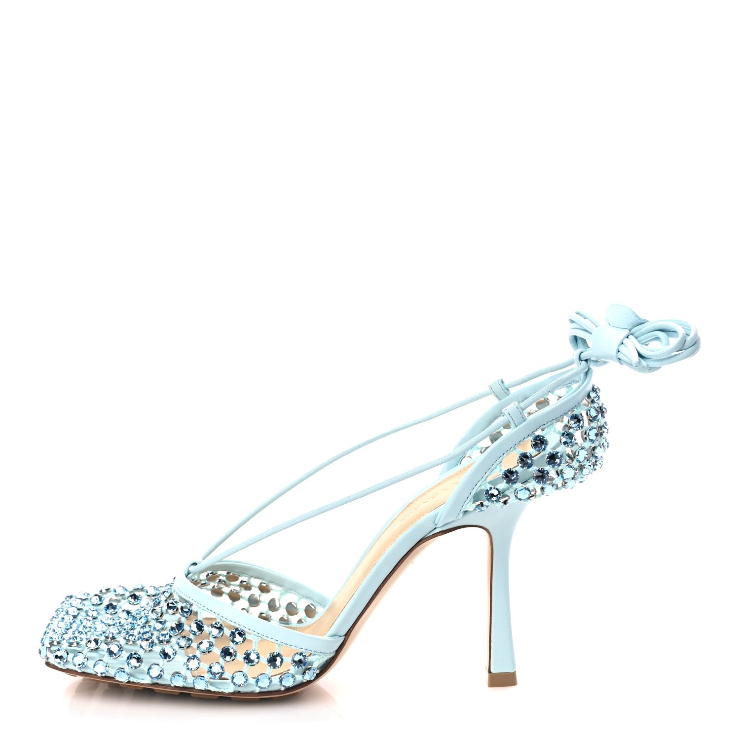 Bottega Veneta Mesh Nappa Crystal Embellished Sparkle Stretch Ankle Tie Sandals Pale Blue 1 of 8