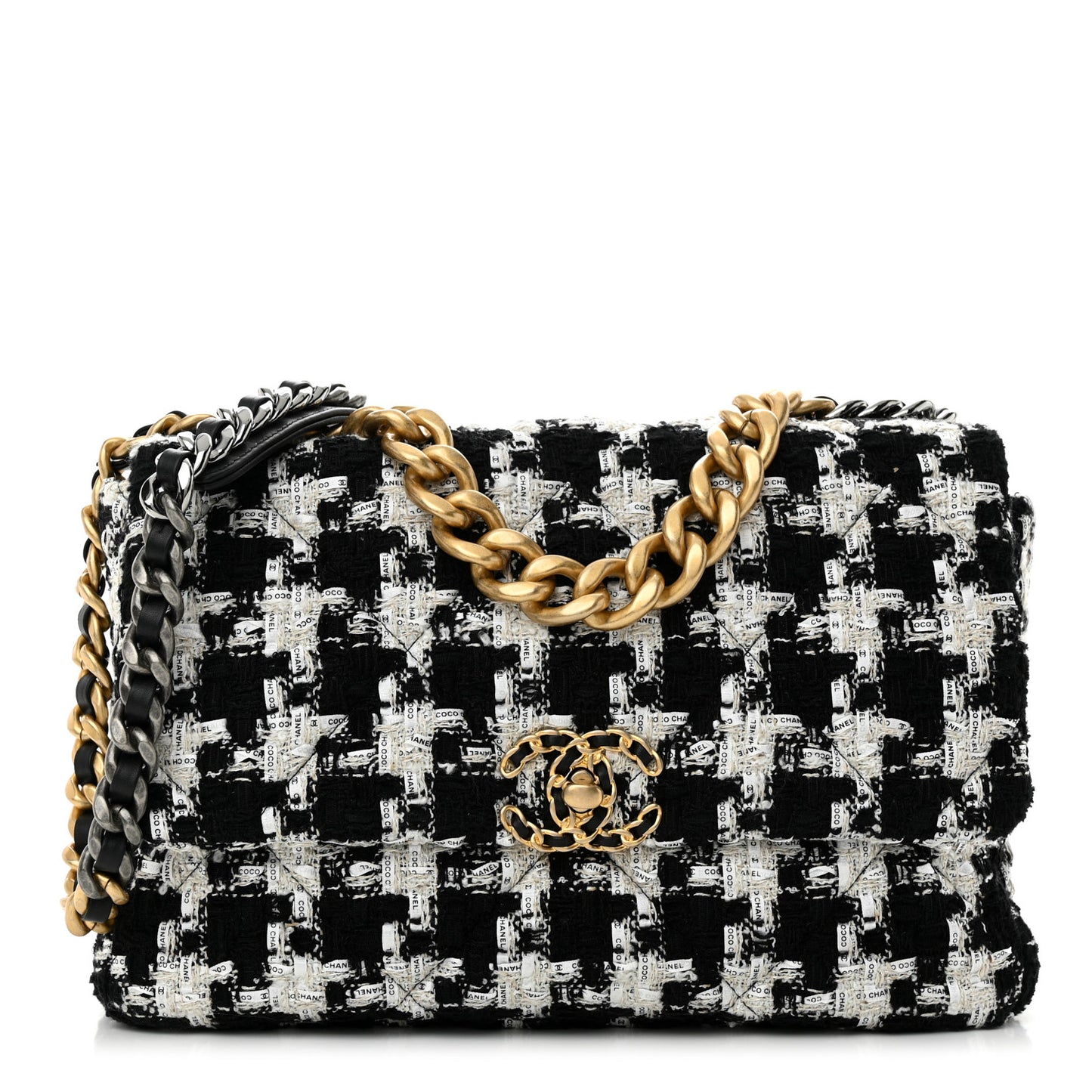Tweed Quilted Large Chanel 19 Flap Black Ecru White