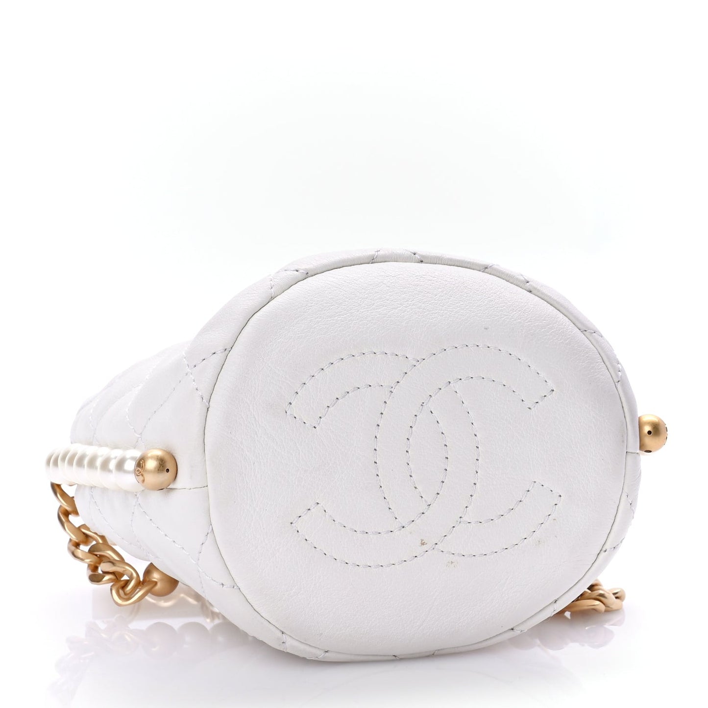 Calfskin Quilted Pearl Mini About Pearls Drawstring Bucket Bag White