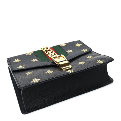 Gucci Textured Calfskin Bee Star Print Small Sylvie Shoulder Bag Black 3 of 8