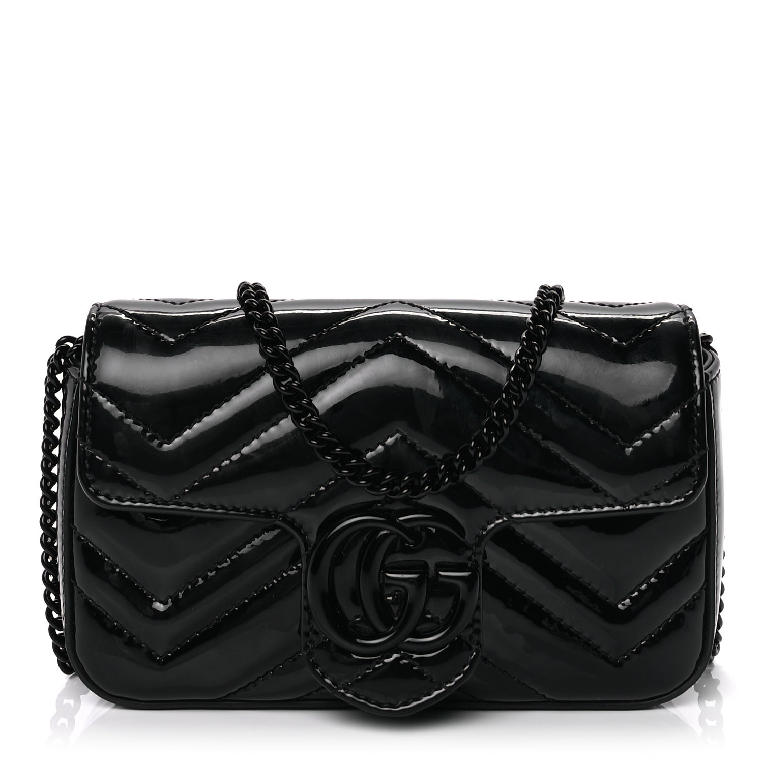 Gucci Patent Lambskin Enamel Matelasse Monochrome Super Mini GG Marmont Shoulder Bag  Black 1 of 8