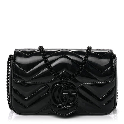 Gucci Patent Lambskin Enamel Matelasse Monochrome Super Mini GG Marmont Shoulder Bag  Black 1 of 8