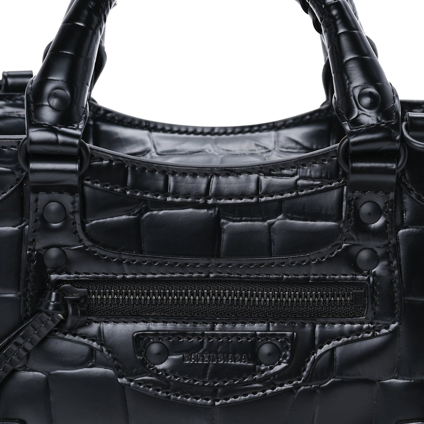 Semi Shiny Calfskin Crocodile Embossed Neo Classic Black Hardware Mini City  Black