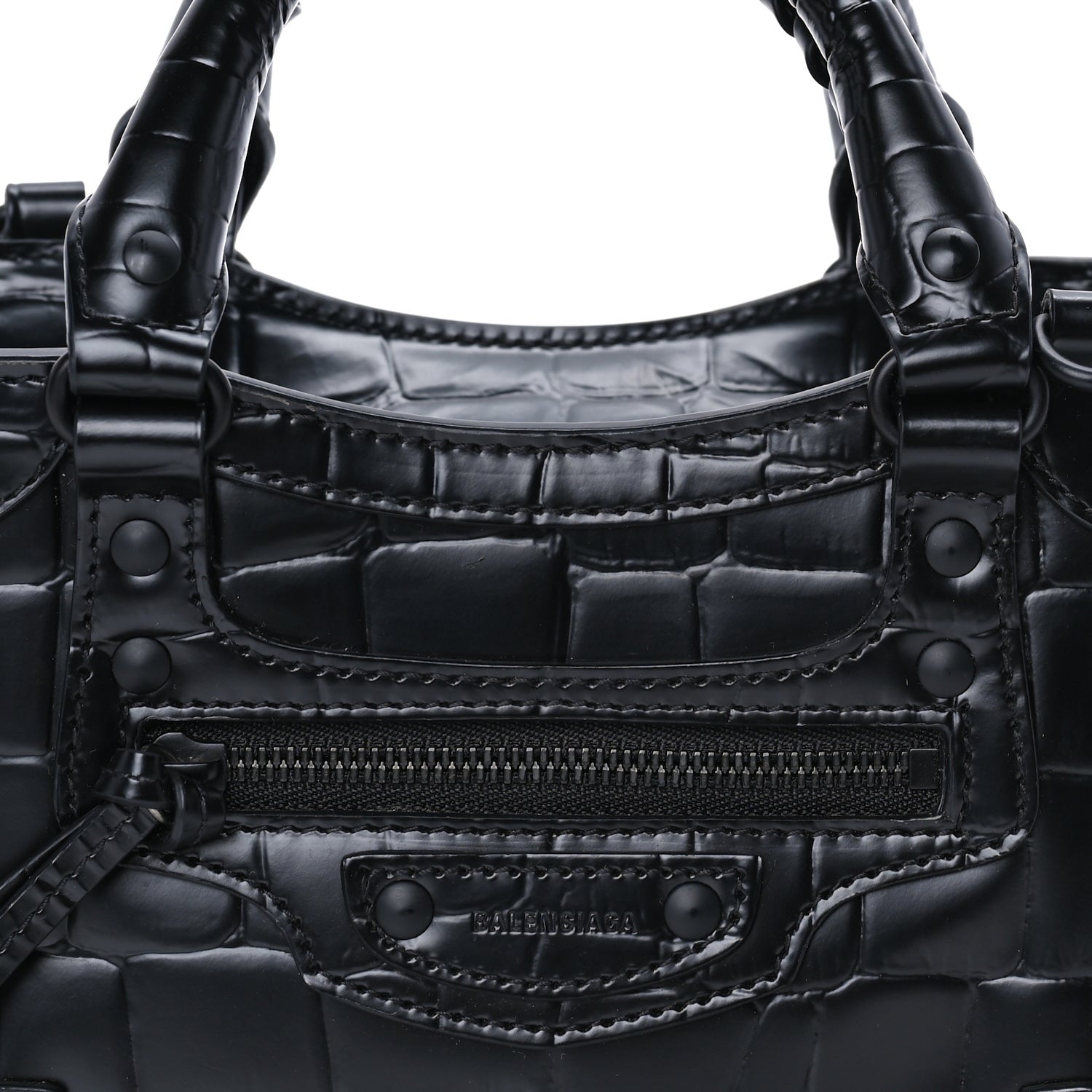 Balenciaga Semi Shiny Calfskin Crocodile Embossed Neo Classic Black Hardware Mini City  Black 6 of 7