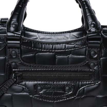Balenciaga Semi Shiny Calfskin Crocodile Embossed Neo Classic Black Hardware Mini City  Black 6 of 7