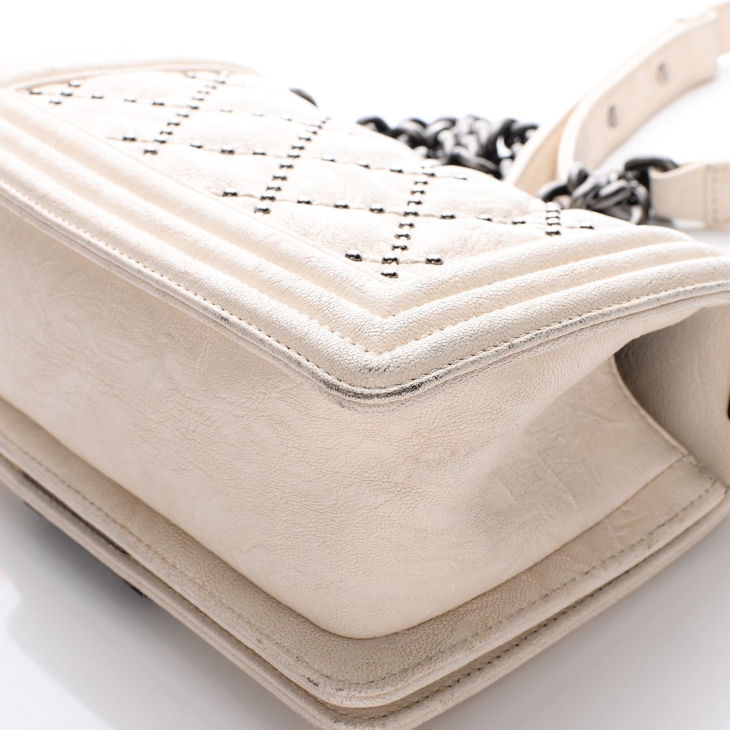 Crumpled Lambskin Small Studded Boy Flap White