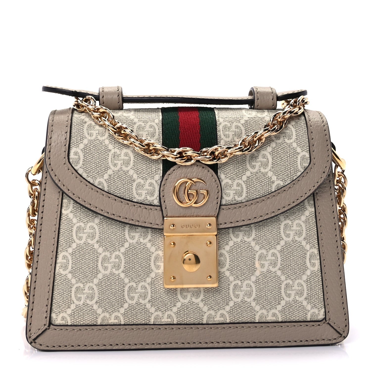 Gucci GG Supreme Monogram Textured Dollar Calfskin Web Mini Ophidia Padlock Top Handle Chain Shoulder Bag Beige Mystic White Oatmeal 2 of 10