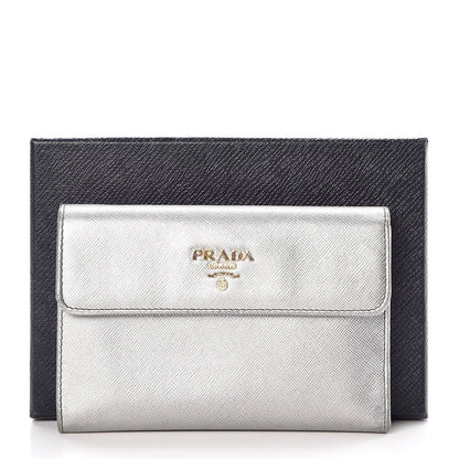 Prada Metallic Saffiano French Flap Compact Wallet Silver 15 of 15