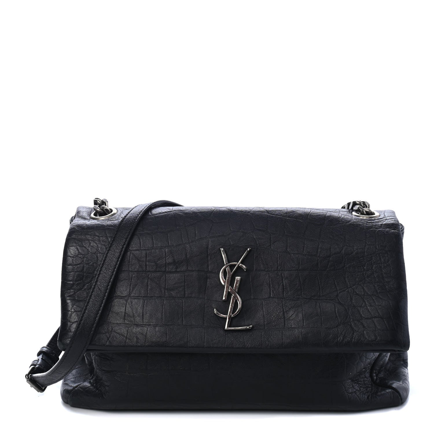 Saint Laurent Calfskin Crocodile Embossed Medium West Hollywood Monogram Fold-Over Black 1 of 4