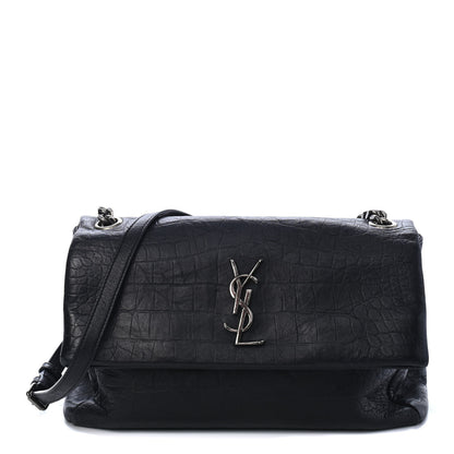 Saint Laurent Calfskin Crocodile Embossed Medium West Hollywood Monogram Fold-Over Black 1 of 4