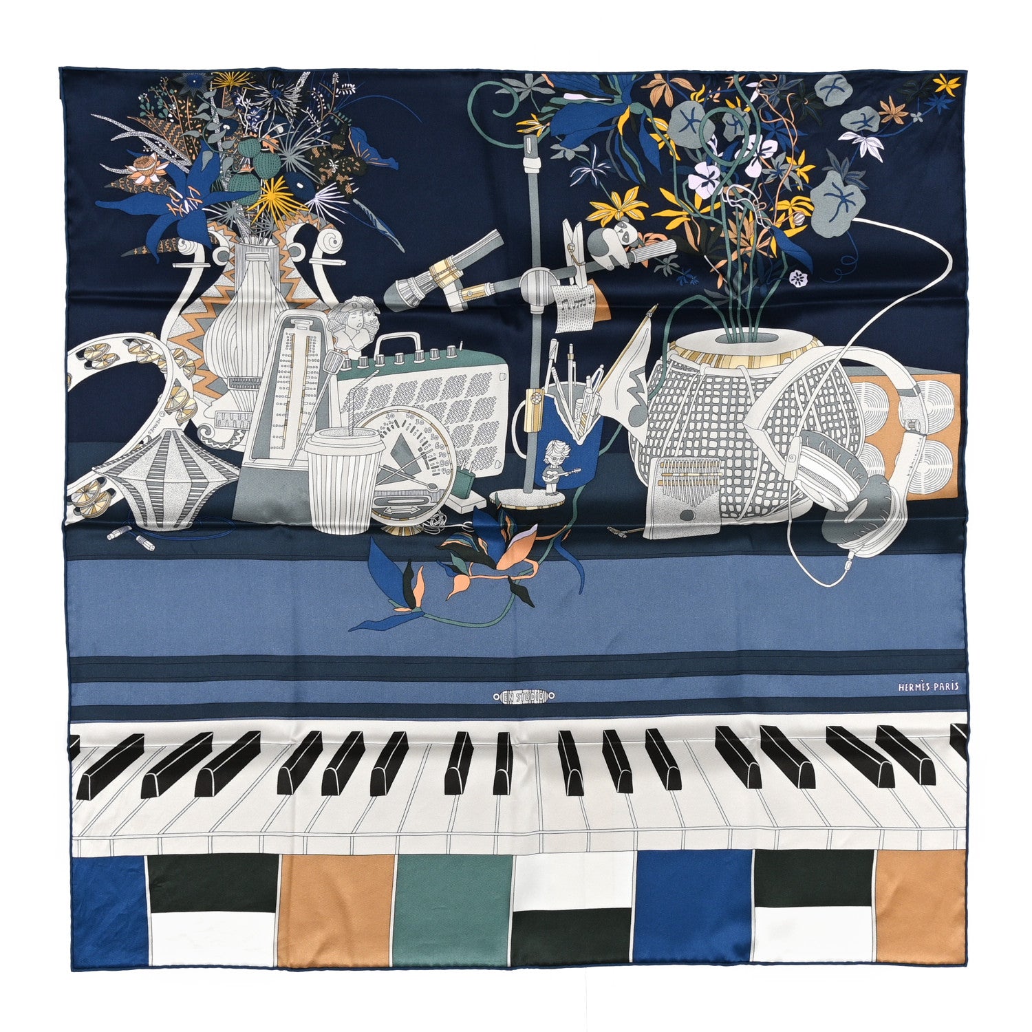 Hermes Silk Carres En Studio Scarf 70 Bleu Nuit White Vert 1 of 4