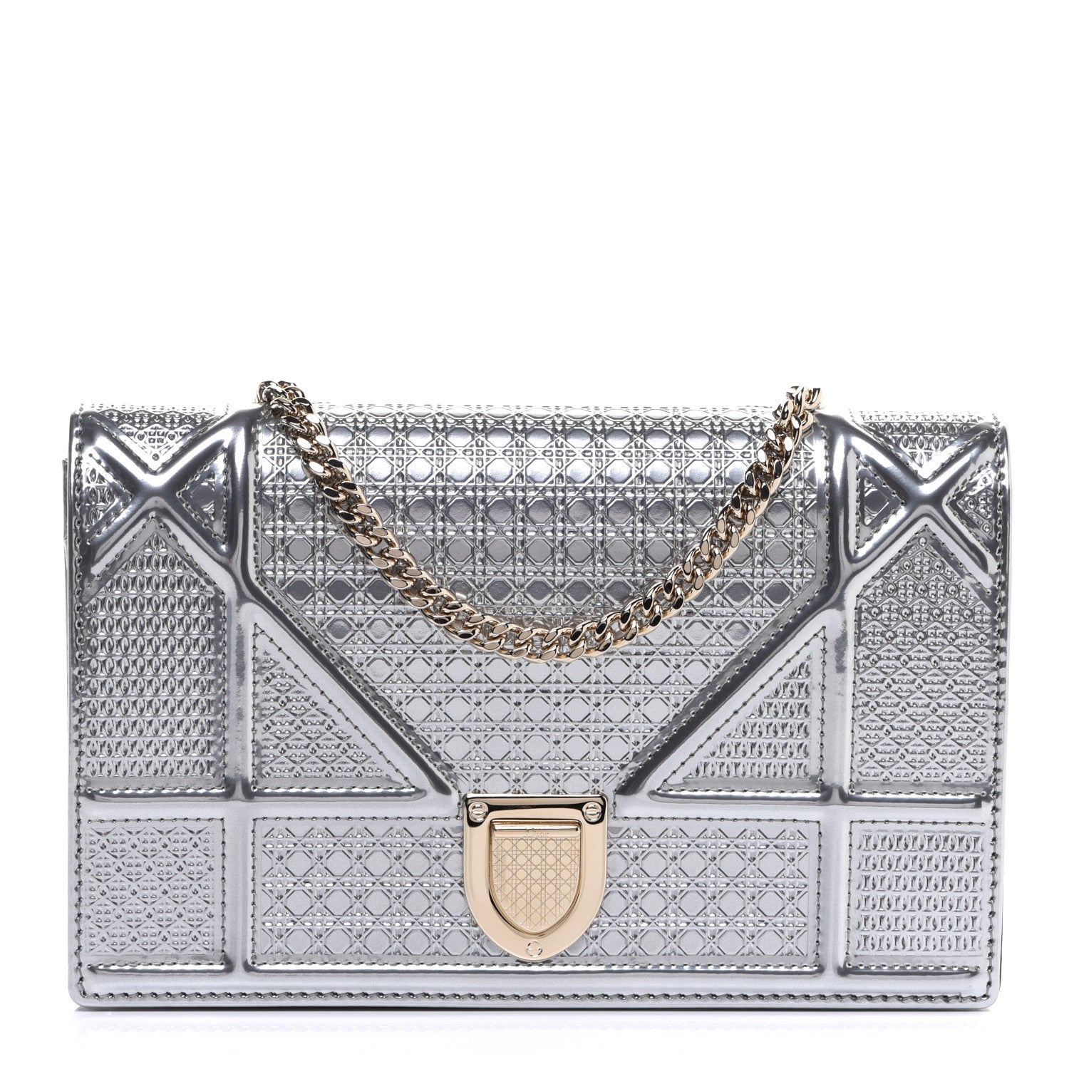 Christian Dior Metallic Patent Micro-Cannage Diorama Wallet on Chain Pouch Silver 1 of 10
