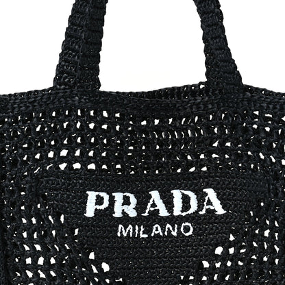 Prada Yarn Raffia Effect Crochet Logo Embroidered Tote Bag  Black 6 of 8