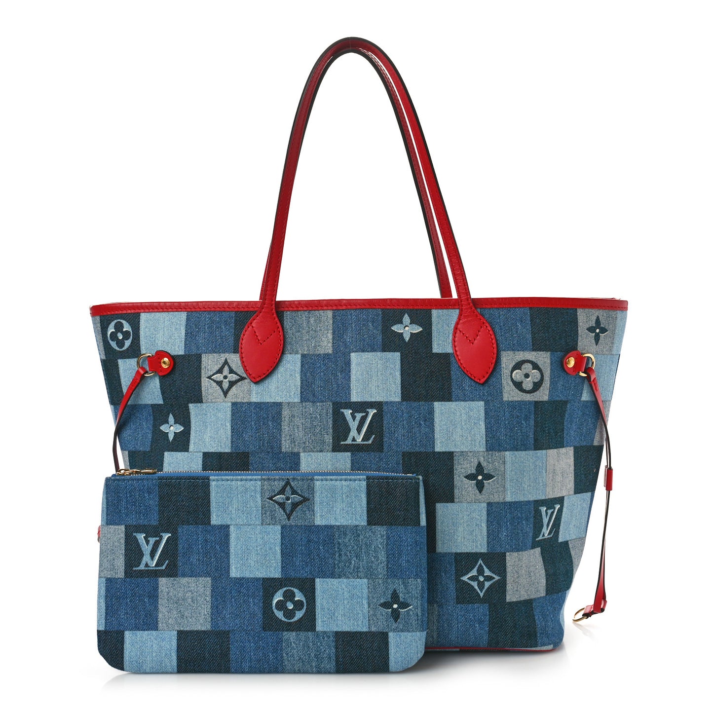Denim Damier Monogram Patchwork Neverfull Blue Rouge