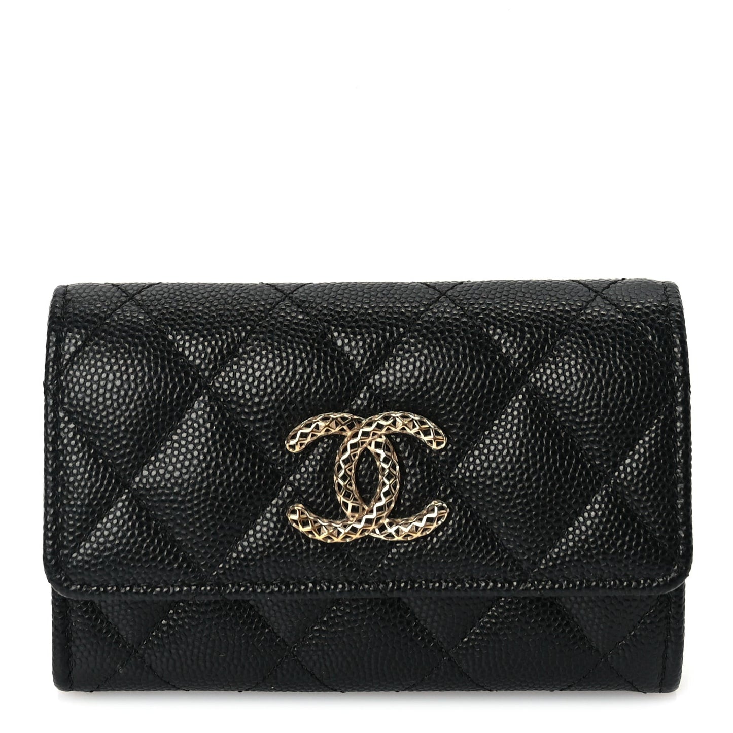 CHANEL Caviar Metal Perforated Quilted CC Flap Card Holder Black