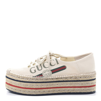 Gucci Canvas Logo Lace-Up Platform Espadrilles 39 Greggio Grege 1 of 9