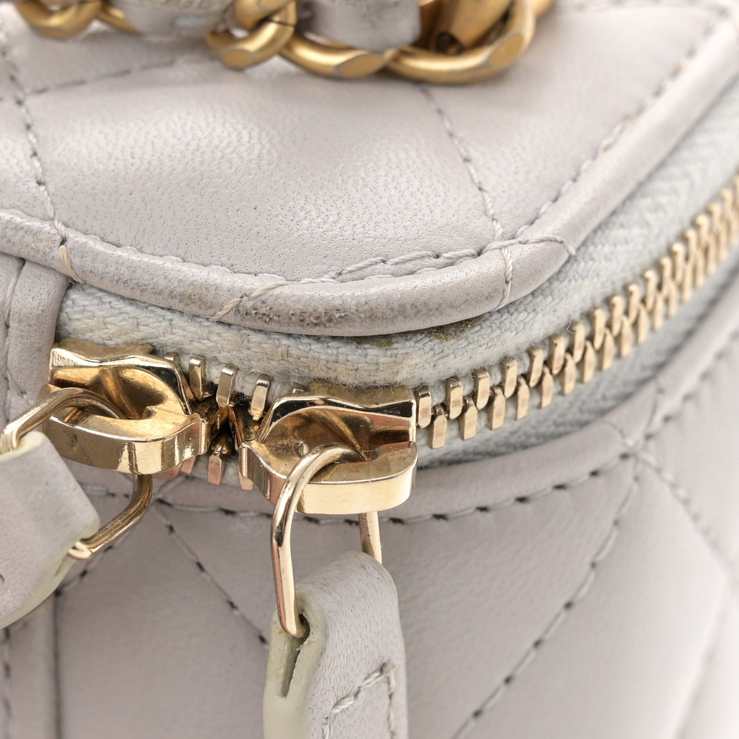 Lambskin Quilted Top Handle Mini Vanity Case With Chain Grey