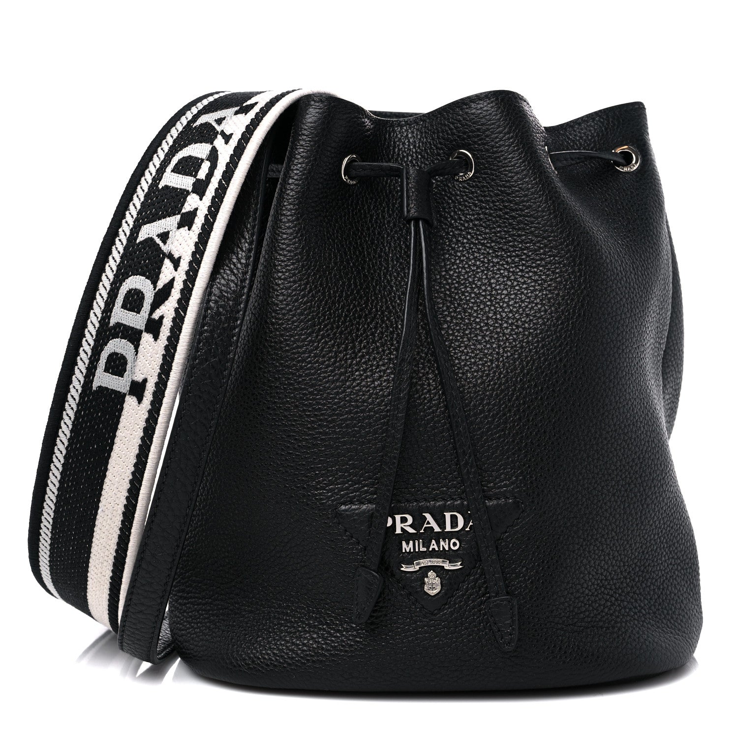 Prada Vitello Daino Soft Drawstring Bucket Bag Black 1 of 9