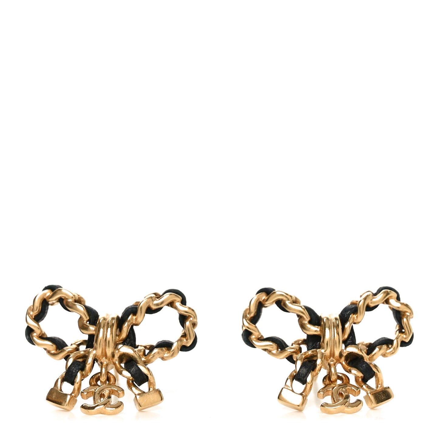 Lambskin Chain Bow Stud Earrings Black Gold