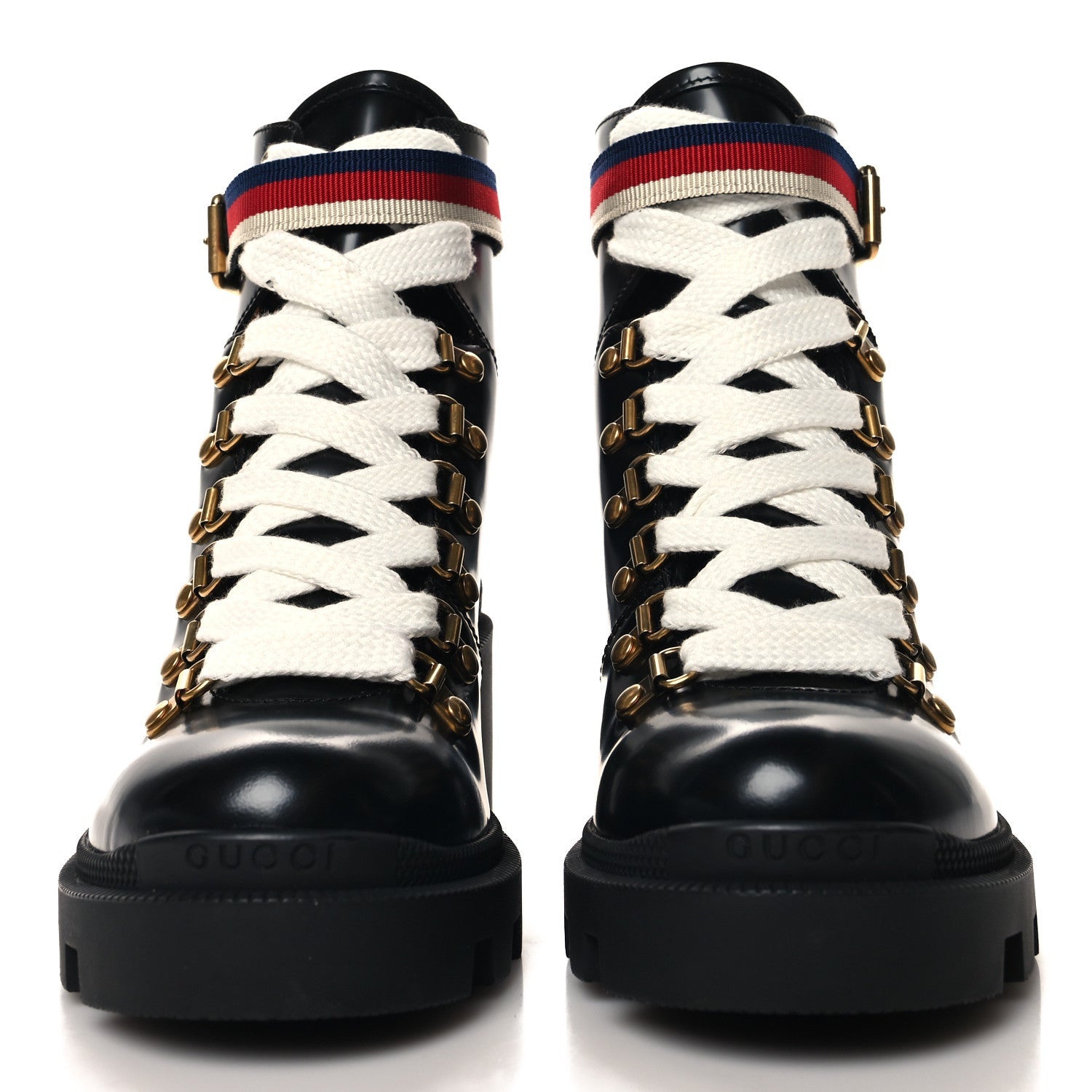 Gucci Calfskin Sylvie Web Lace Up Combat Boots 35 Black 3 of 7
