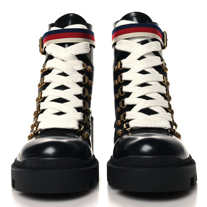 Gucci Calfskin Sylvie Web Lace Up Combat Boots 35 Black 3 of 7