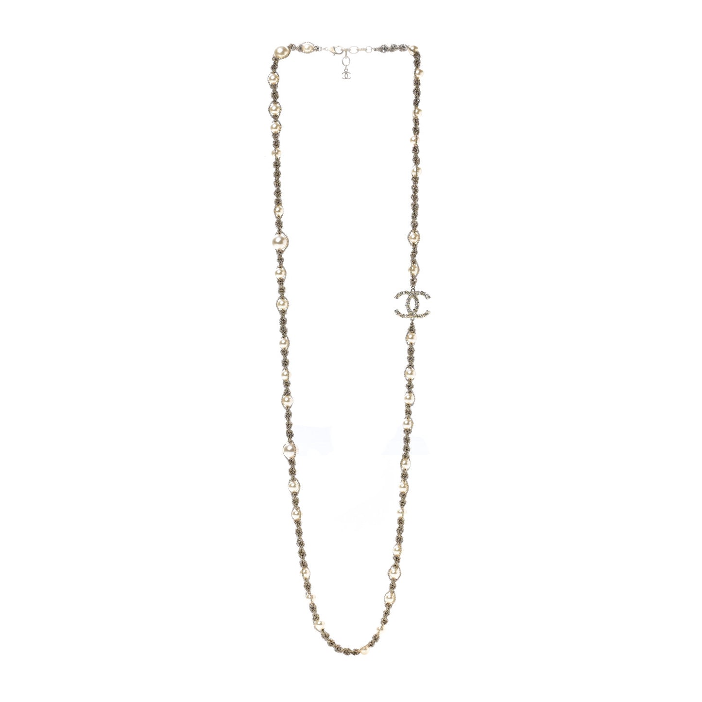 Pearl Crystal CC Chain Long Necklace Gold