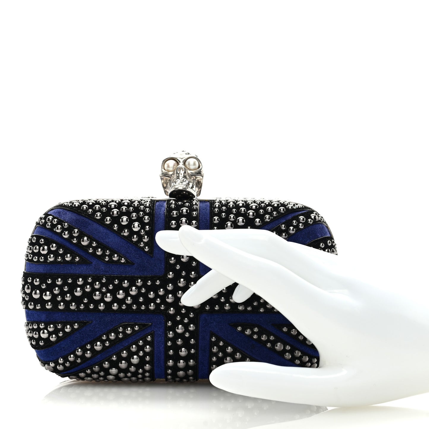 Suede Studded Britannia Skull Box Clutch Blue Black