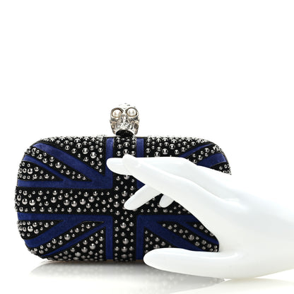 Alexander McQueen Suede Studded Britannia Skull Box Clutch Blue Black 2 of 6