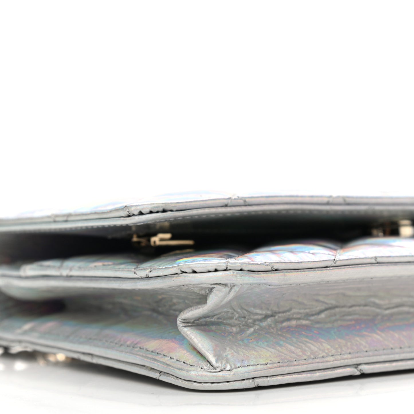 Iridescent Goatskin Quilted Wallet On Chain WOC Silver