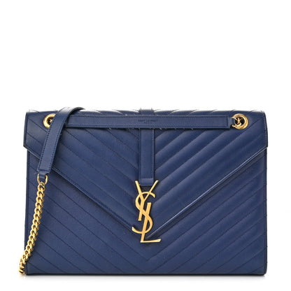 Saint Laurent Grain De Poudre Matelasse Chevron Large Monogram Satchel Navy Blue 1 of 13