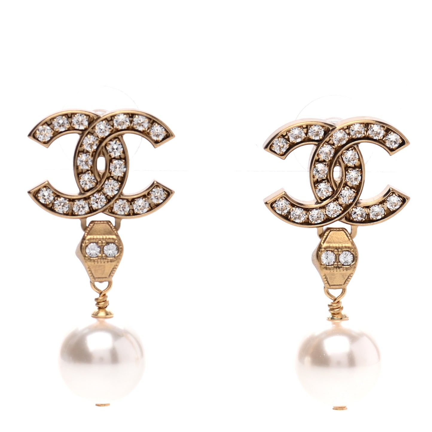 Crystal Pearl CC Drop Earrings Gold